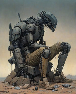1man, solo, full body, looking at viewer, sitting on a ruined robot, black hair, tanned skin, black_eyes, post apocalyptic outfit, patches of cyberpunk armor, tattered outfit,loose khaki pants, combat shoes, dragon tattoo, white background, white pastel theme, ruined robot,Illustration.,, art by Zdzisław Beksiński,digital artwork by Beksinski