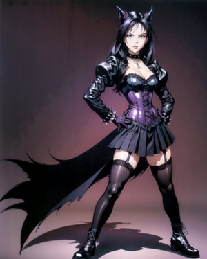 Gothic Lolita Rebel
An anime girl with long, straight black hair, wearing a black lace dress with a corset, thigh-high stockings, and combat boots. She has a spiked choker around her neck and dark eye makeup, striking a fierce pose with one hand on her hip and the other adjusting her lace gloves. The background is a dark purple gradient.