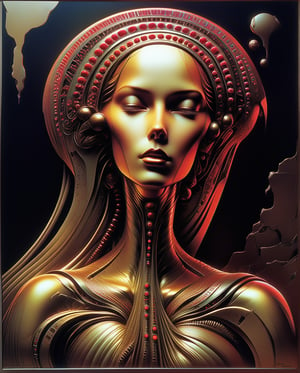 Art style by H. R. Giger, Art style by Syd Mead, Art style by Hajime Sorayama, (Masterpiece, Top Quality, Super Detail, High Resolution, Best Illustration), 1990s (style), 1980s (style), retro art style, Highest image quality, (Masterpiece, top quality, super detail, high resolution, best illustration), vintage, 1990s \(style\), dynamic angle, Solo, 1male, very old age, Saudi Arabian Bedouin, Duotone, Red and Black Only, in a distant rock, in the style ofrichard corben, brothershildebrandt, distinctive noses,space art, darkly detailed,mars ravelo, dark silver andcrimson