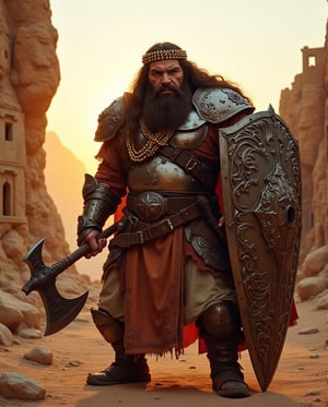 Dwarf:
A stout dwarf with a thick, dark beard adorned with golden beads, dressed in traditional Saudi Arabian garb modified with heavy armor. His face is etched with years of battle, his features proud and sharp. He stands firmly with a massive axe in one hand, the other resting on a large, intricately designed metal shield. The backdrop is a mountainous desert village built into the rocks, with the sun setting behind him.