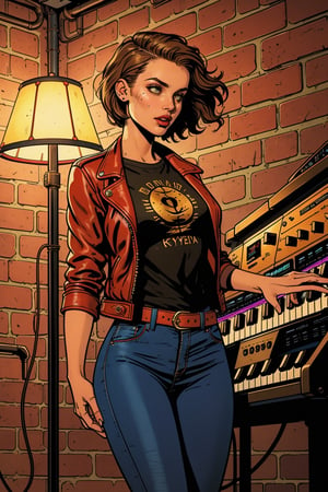 ((best quality)), ((detailed)), ((master piece)), comic artwork of A girl with dark olive skin and short dark blonde hair, dressed in a striking ensemble of a red leather jacket, black jeans, and a black t-shirt. She is focused intently on a vintage synthesizer, her slender fingers dancing nimbly across the keys as she creates a mesmerizing melody. The synthesizer is adorned with various knobs and switches, adding to the retro feel of the scene. The girl's attire perfectly complements the industrial setting, highlighting her edgy and confident style. The red leather jacket, in particular, stands out against the neutral tones of the synthesizer and the brick walls of the dimly lit room. A floor lamp casts a warm glow on her face, illuminating her content expression as she loses herself in the music. The image captures the girl's passion for music and her skillful manipulation of the synthesizer, creating a dynamic and engaging portrait.,Color Booster