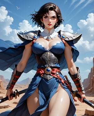  Art style by Noriyoshi Ohrai, Hajime Sorayama, Hiroshi Nagai, (Masterpiece, Top Quality, Super Deatail, High Resolution, Best Illustration), "Create an intricate and captivating masterpiece depicting a Saudi Arabian Bedouin female warrior in the style of dark fantasy art. This artwork should evoke the epic and adventurous spirit of Dungeons and Dragons, combined with the retro aesthetics of 1980s fantasy art. The scene should be rich with detail, featuring the warrior in traditional Bedouin attire, wielding an ornate weapon, and set against a dramatic desert backdrop under a moody, otherworldly sky. The artistic style should draw inspiration from the legendary works of Frank Frazetta, Michael Whelan, and Luis Royo, blending realism with fantastical elements to create a visually stunning and immersive piece."