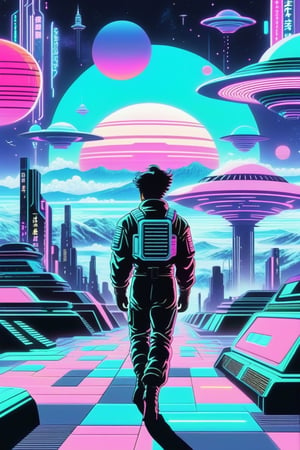 A whimsical and surreal psychedelic landscape reminiscent of a 1980's anime world, replete with neon lights and futuristic structures. Against this backdrop, a group of melancholic humans dressed in fashionable 1980's attire wander aimlessly through the vast expanse of space. The setting is both futuristic and retro, as spacecrafts and other science fiction elements are intermingled with the nostalgic anime aesthetic. The humans' expressions are one of profound sadness and longing, their eyes filled with unshed tears as they navigate through this magical yet bittersweet world. The colors are vibrant and otherworldly, with neon pinks, blues, and purples dominating the scene, contrasting sharply with the deep blackness of space. Floating among the stars are bubbles, each containing a different memory or emotion, which the humans seem to be drawn towards, hoping to find solace in the past. The overall effect is one of both nostalgia and yearning, as the humans are stuck in a loop of reliving their past while searching for meaning in this surreal, sci-fi inspired world.,retropunk style,vaporwave,Ukiyo-e,pastel goth,Cyberpunk VR ,BiopunkAI,Cyberpunk,cyber,vaporwave style,vapor_graphic,aw0k euphoric style,aesthetic,cutecore vaporwave style,pastelbg