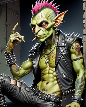 A rebellious goblin clad in edgy punk rock clothing, showcasing intricate details in spiked studs and tattered leather. The character is depicted in a poster design created in the vibrant and imaginative art style of Moebius. The image radiates with raw energy, from the goblin's wild, colorful hair to the intricate tattoos covering their arms. Each element is brought to life with precision and skill, immersing the viewer in a world of rebellious creativity and attitude. This high-quality artwork captures the essence of punk rock in a visually striking and engaging way.