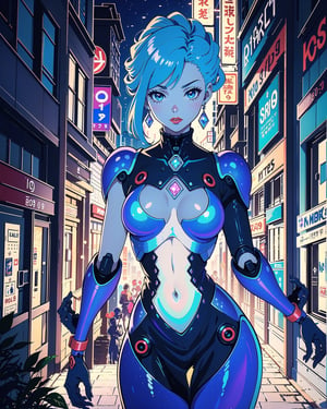 (gentle robotic) woman, (masterpiece), intricate details, retro, ((1999s anime)), ((best quality)), (bright colorful future city at night), (radiant long leather straps) iridescent [holographic metal tight], red buttoned device, iridescent metal, (diamond futuristic) jewelry, (red lips), translucent, tall thin, extremely detailed, covered, dynamic pose