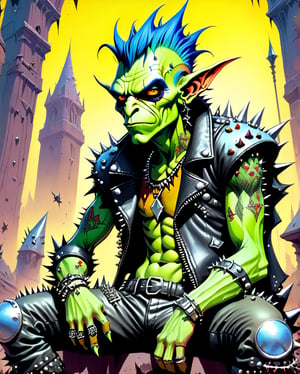 A rebellious goblin clad in edgy punk rock clothing, showcasing intricate details in spiked studs and tattered leather. The character is depicted in a poster design created in the vibrant and imaginative art style of Moebius. The image radiates with raw energy, from the goblin's wild, colorful hair to the intricate tattoos covering their arms. Each element is brought to life with precision and skill, immersing the viewer in a world of rebellious creativity and attitude. This high-quality artwork captures the essence of punk rock in a visually striking and engaging way.