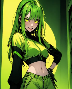 A cinematic, anime-inspired illustration of a pale white woman with a soft, slightly rounded stomach in a radiant, electric yellow-green jacket and sweat pants with neon yellow-green accents that glow brightly, dominating her overall appearance. She has vibrant yellow-green hair that's short and straight but flows outwards. Wearing bright yellow-green goggles on her head, she sports neon yellow-green short shorts underneath the jumpsuit, paired with long thigh-high yellow-green socks and yellow-green sneakers that emit a faint glow. A yellow-green zipped jacket is draped over her shoulder, Set against a soft, gradient background of a college hallway, her deep brown eyes shine with a bright smile, surrounded by a subtle yellow-green aura. The image is framed with subtle, rounded borders, with a slight vignette effect to draw attention to the character.