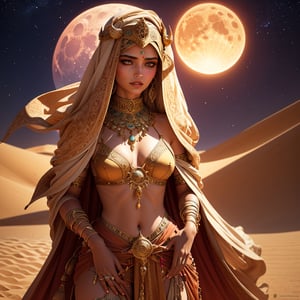 In the vast expanse of the Arabian desert, under the scorching sun and amidst swirling sands, there exists an enigmatic figure - an Arabian witch, cloaked in mystery and adorned with the secrets of ancient sands.

Her attire echoes the hues of the desert itself, with robes of billowing fabric dyed in shades of saffron, ochre, and deep auburn, blending seamlessly with the shifting dunes. The fabric dances with the wind, whispering secrets known only to the desert itself.

Atop her head rests a veil, intricately woven from fine silk and gold threads, concealing much of her face, leaving only her piercing eyes visible. Her gaze is intense, reflecting the wisdom of ages and the fierce determination forged in the harsh crucible of the desert.

Her skin, weathered by the sun and wind, bears intricate patterns of henna, each line and curve telling stories of ancient rituals and forgotten magic. Around her neck hangs talismans of bone and silver, each imbued with protective spells and ancient incantations.

In her hands, she holds the tools of her craft - a brass incense burner emitting fragrant tendrils of sandalwood and myrrh, the smoke swirling and dancing around her like ethereal serpents. Beside it, a bundle of dried herbs and desert flowers, gathered under the light of the full moon and infused with the potent energies of the night.

Behind her, the silhouette of a solitary camel stands, its eyes mirroring the wisdom of its mistress. Together, they are guardians of the desert, keepers of its secrets and stewards of its ancient magic.

In the distance, the setting sun casts a golden glow upon the sands, painting the desert in hues of amber and crimson. It is a land of endless mystery and untold wonders, where the Arabian witch reigns supreme, her magic woven into the very fabric of the desert itself.,comicmay artsyle,methurlant,realistic,mj