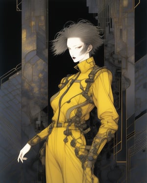 Art style by amano yoshitaka,  In a neon-lit cyberpunk space setting, a figure emerges clad in a sleek yellow jumpsuit, designed with a distinct art style reminiscent of Yoshiaki Kawajiri. The scene is portrayed in a vivid and elaborate digital painting, showcasing sharp edges and dynamic colors. The jumpsuit gleams with metallic sheen, accentuating the mysterious allure of the character. Every detail, from the sleek contours to the intricate patterns, contributes to the image's captivating and high-quality execution, drawing viewers into a futuristic world of intrigue and sophistication., 1990s (style), in the style of nicola samori, detailed 8k horror artwork,  