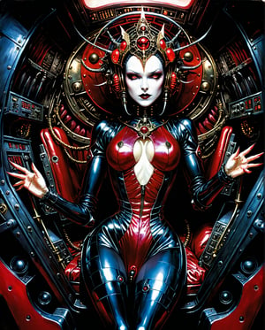 Art style by amano yoshitaka, ((mature)) gothic lying ((in a ruby goth cockpit)), (lying on a baroque pilot cockpit), ((gothic control panels everywhere)), (headgear), ((mature)), ruby cockpit, ((vampiric cockpit)), iridescent pilot bodysuit, lace accesories, ((serious tone)), elegant, futuristic, vampiric, full body view from above, action pose, (fisheye), [close up], dark place, dramatic lighting, intricate control panel details, steaming, 1990s (style), in the style of nicola samori, detailed 8k horror artwork,
art by Tsutomu Nihei gerald-brom