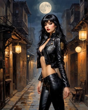 art by Masamune Shirow, art by J.C. Leyendecker, art by boris vallejo, art by gustav klimt, art by simon bisley, Masterpiece, photorealistic, highly detailed, a young woman with smooth  dark long black hair with bangs and black eyes and black lips, wearing leather jacket and leather pants, standing, looking at camera, in a gloomy smoke filled alley at night with a full moon