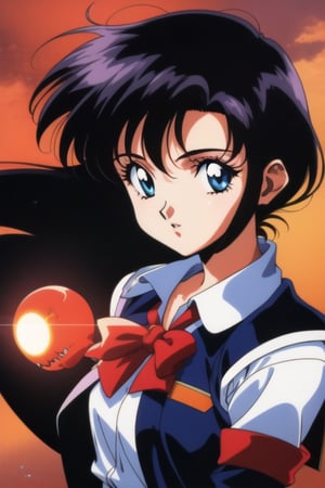 A portrait of a beautiful teenage girl with short pixie hair, black hair, blue eyes, a red flower in her hair, wearing a school uniform, a black school uniform skirt, a white blouse, a black jacket with red edges on sleeves, and a lapel. Flying above her is a white skull with a red glow. European village background, 1980's anime, 1990's anime, Style of Yoshiaki Kawajiri