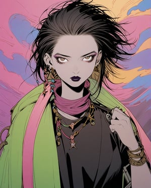 amano yoshitaka,  A rebellious Saudi Arabian woman, her black hair styled into a punk rock inspired look, complements her brown eyes and light brown tan skin. The image, possibly a vibrant painting, captures her bold and unique style with precision. Every detail, from her edgy clothing to her unconventional appearance, exudes an air of confidence and individuality. The high quality of the image allows viewers to truly appreciate the essence of her unconventional beauty and self-expression.