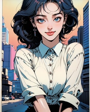 (80's, retro, city pop poster:1.5), (album cover), (masterpiece, best quality), (anime, illustration), 
best photo pose, dynamic angle, cowboy shot,
girl, solo, smile, perfect detail eyes, delicate face, blue eyes,
high fashion, 