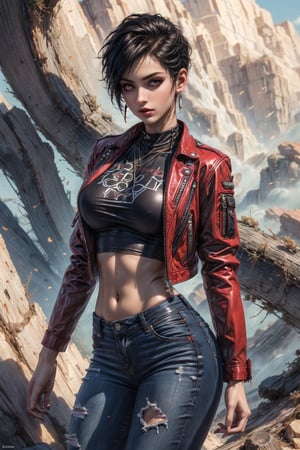((best quality)), ((detailed)), ((master piece)), (ultra realistic, 32k, masterpiece:1.2), (high detailed skin:1.1), (8k, uhd, dslr, high quality:1.1),  A girl with dark olive skin and very short dark black shaved hair, punk rock fashion style, dressed in a striking ensemble of a red leather jacket, black jeans, and a black t-shirt.A stunning girl with dark olive skin, adorned in a striking ensemble that showcases her punk rock fashion style. Her very short, dark black shaved hair emphasizes her delicate features, highlighting her piercing hazel eyes and sharp cheekbones. The girl's body is adorned in a red leather jacket, expertly tailored to fit her curvaceous figure. Beneath the jacket, she wears a form-fitting black t-shirt that hugs her toned midsection, while black jeans accentuate her long, toned legs. White marble background, Her striking outfit and confident pose against the vibrant background make this image a true masterpiece of artistry and style.,90s,ARTSTYLE_PabloRomero_ownwaifu,1 girl,(best quality,Caligraphy