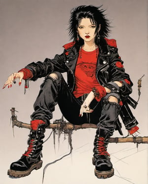 Art style by amano yoshitaka, Female with tan-colored skin, mid-length black hair with red tips, dressed in black ripped jeans with a black t-shirt and a black leather jacket with chrome studs', and black boots.,Anime,aw0k cat