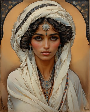 A gracefully weathered Bedouin woman from Saudi Arabia, every feature radiates a blend of strength and softness: weathered but wise eyes, intricate tattoos adorning weathered skin, and flowing robes that tell stories of a nomadic life. This evocative portrait, painted in the art nouveau style by Raphael Kirchner, captures her essence with remarkable detail and sensitivity. The colors are rich and vibrant, the composition exquisite, inviting viewers to explore the richness of her culture and experience.