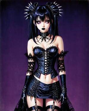 Art style by amano yoshitaka, , 1990s (style), in the style of nicola samori, detailed 8k horror artwork, art by Tsutomu Nihei gerald-brom

Gothic Lolita Rebel
An anime girl with long, straight black hair, wearing a black lace dress with a corset, thigh-high stockings, and combat boots. She has a spiked choker around her neck and dark eye makeup, striking a fierce pose with one hand on her hip and the other adjusting her lace gloves. The background is a dark purple gradient.