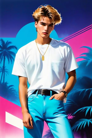 A stunningly handsome male teenage fashion model in the prime of his 1980s glory, exuding an air of confidence and style that is simply irresistible. Dressed in the height of fashion for the era, he wears a white t-shirt, a black leather jacket that highlights his toned physique and broad shoulders, paired with a pair of blue denim jeans. His outfit is accessorized with a thick, black belt and a pair of chunky white sneakers. His hair is styled into a casual, messy mop that falls across his forehead, perfectly framing his striking features. The model is positioned against a vibrant, abstract background, which adds a touch of artistic flair to the photo. His body language is impeccable; he leans slightly forward, one hand resting casually on his hip, while the other is tucked into his pants pocket, exuding a carefree yet confident attitude. His gaze is directed straight ahead, meeting the viewer's eye with an unapologetic swagger that is nothing short of magnetic. The lighting is soft and flattering, emphasizing his features while creating a sense of depth and dimension in the image. This masterfully crafted photograph captures the essence of 1980s teenage fashion and the enduring allure of the era's iconic male fashion models.,N1njaScroll,retro artstyle,more detail XL,chinese ink drawing,vaporwave style,vapor_graphic,2D,retro ink,vaporwave