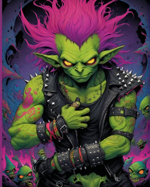 A rebellious goblin clad in edgy punk rock clothing, showcasing intricate details in spiked studs and tattered leather. The character is depicted in a poster design created in the vibrant and imaginative art style of Moebius. The image radiates with raw energy, from the goblin's wild, colorful hair to the intricate tattoos covering their arms. Each element is brought to life with precision and skill, immersing the viewer in a world of rebellious creativity and attitude. This high-quality artwork captures the essence of punk rock in a visually striking and engaging way.