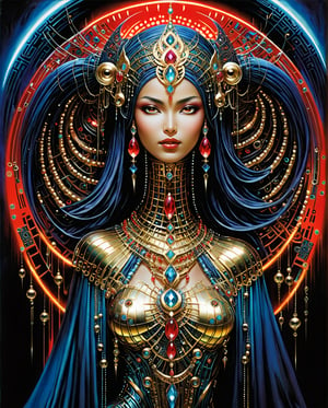 Art style by amano yoshitaka, A cybernetically enhanced Arabian woman, her body adorned with intricate metallic implants that shimmer in the neon-lit cityscape. In a stunning digital painting, she is depicted with flowing robes and exotic jewelry, blending traditional Arab culture with futuristic technology. The image is incredibly detailed, capturing every gleaming circuit and sparkling gem with precision and artistry. The overall effect is mesmerizing, drawing viewers into a world where ancient elegance meets cutting-edge innovation., steaming, 1990s (style), in the style of nicola samori, detailed 8k horror artwork,
art by Tsutomu Nihei gerald-brom