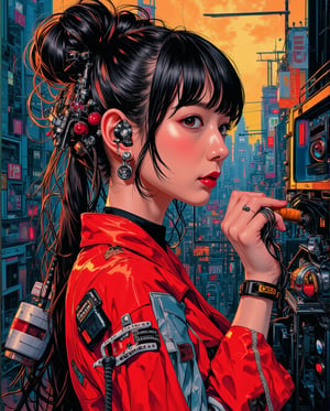 Art style by Noriyoshi Ohrai, Hajime Sorayama, Hiroshi Nagai, (Masterpiece, Top Quality, Super Deatail, High Resolution, Best Illustration), illust、art、from 80s horror movie, directed by Junji Ito、mad scientist、grandiose paranoia、high detail, realsitic shadow、Analog style, vhs style, 8mm film, chromatic aberration, Dvd screengrab、Complementary color gradient, (Dark Fantasy:1), (80s Style), (Sci-Fi), (Noise Effect:1.3), (VHS Grain Effect:1.2) A captivating retro-futuristic poster featuring a bold and stylish retropunk girl, brilliantly designed by the talented trio of Rebecca Sugar, Charles Burns, and Dan McPharlin. The girl dons a vibrant red and sky black outfit, wide outfit, adorned with intricate patterns and futuristic gadgets. Her hair bun is a stunning mix of colors, blending seamlessly with the background of a futuristic cityscape. The overall atmosphere of the poster is a blend of nostalgia and innovation, with a touch of vintage charm.