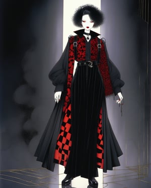Art style by amano yoshitaka, a full-body, high-resolution anime style of a rebellious teenage female goth with short curly black hair, thin face, intense red lips, gothic fashion, inspired by the works of Yoshiaki Kawajiri, vibrant and edgy, with dramatic lighting and dynamic composition