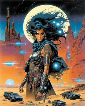  Art style by Noriyoshi Ohrai, Hajime Sorayama, Hiroshi Nagai, (Masterpiece, Top Quality, Super Deatail, High Resolution, Best Illustration), "An exceptional Saudi Arabian Bedouin female warrior adorned in a sleek, black metallic mechanical suit, seamlessly blending traditional Bedouin elements with cutting-edge cyberpunk aesthetics. The scene is set against a backdrop of a dark, dystopian sci-fi landscape, with neon-lit deserts and futuristic cityscapes. The art style echoes the retro 1980s, capturing the essence of that era's vibrant color palette and bold design. The composition should evoke a sense of mystery and power, with intricate details highlighting the fusion of ancient Bedouin culture and advanced technology."