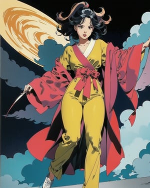 vintage sticker of a full body portrait of a woman in the Japanese retro anime style of the 80s and 90s. The scene features a top model with wild hair, exuding confidence and allure. She stands in a dynamic pose that highlights her form and curves, set against a soft pink and yellow palette. The lighting reflections and shadows add depth and intensity to the scene. Her gaze is evocative and intense, aware of her own beauty and playing it up for the photoshoot. She is dressed in stylish, minimalist clothing that accentuates her form, with bold lipstick and eyeliner highlighting her sharp facial features. The background is minimalist, ensuring all attention is on her captivating presence. Emphasize her confident pose, wild hair, and the dramatic interplay of light and shadow, creating a nostalgic yet striking visual in the retro anime style.