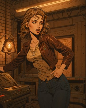 ((best quality)), ((detailed)), ((master piece)), comic artwork of A girl with dark olive skin and short dark blonde hair, dressed in a striking ensemble of a red leather jacket, black jeans, and a black t-shirt. She is focused intently on a vintage synthesizer, her slender fingers dancing nimbly across the keys as she creates a mesmerizing melody. The synthesizer is adorned with various knobs and switches, adding to the retro feel of the scene. The girl's attire perfectly complements the industrial setting, highlighting her edgy and confident style. The red leather jacket, in particular, stands out against the neutral tones of the synthesizer and the brick walls of the dimly lit room. A floor lamp casts a warm glow on her face, illuminating her content expression as she loses herself in the music. The image captures the girl's passion for music and her skillful manipulation of the synthesizer, creating a dynamic and engaging portrait.,Color Booster