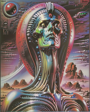 Art style by H. R. Giger, Art style by Syd Mead, Art style by Hajime Sorayama, (Masterpiece, Top Quality, Super Detail, High Resolution, Best Illustration), 1990s (style), 1980s (style), retro art style, Highest image quality, (Masterpiece, top quality, super detail, high resolution, best illustration), vintage, 1990s \(style\), dynamic angle, Solo, 1male, very old age, Saudi Arabian Bedouin, Duotone, Red and Black Only, in a distant rock, in the style ofrichard corben, brothershildebrandt, distinctive noses,space art, darkly detailed,mars ravelo, dark silver andcrimson