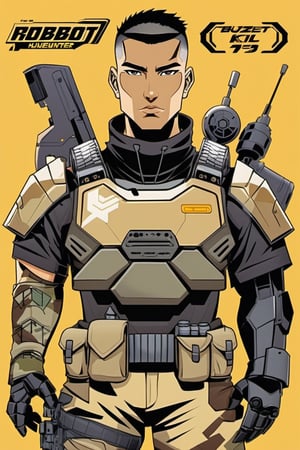 one Male Robot Hunter named Robot hunter Adam,Tan skin color,Buzzcut haircut,Black hair, Brown eyes,,wearing BlackTactical T-shirt,wearing Black Camouflage Cargo Pants,holding/carrying Utility Belt,lucy \(cyberpunk\),more detail XL