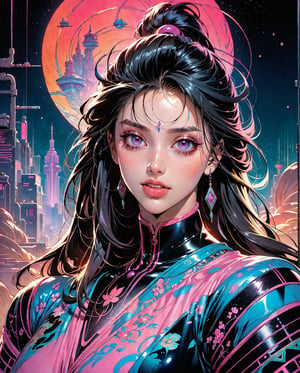 RetroSci style. A vibrant, highly detailed, and dramatic painting. (Dark Fantasy:1), (80s Style), (Sci-Fi), (Noise Effect:1.3), (VHS Grain Effect:1.2) Art style by Noriyoshi Ohrai, Art style by Moebius Jean Giraud, (masterpiece, 4k ,ultra detailed,raw photo:1.2),illustration,(symmetry:1.2),(art deco:1.4),(retro-futuristic:1.4),(minimalism:1.4),(clean:1.4),(flat_color:1.4),(cyberpunk,android:1.4),CCDDA illustrated by Guo Chao style, poster design, in the style of psychedelic color schemes, hyper-detailed illustrations, 16k, Drawing inspiration from architectural elements, fashion, graffiti, dark fantasy, and conceptual art, this mesmerizing piece creates a dynamic and immersive visual experience. The intricate Zentangle patterns, meticulously crafted using alcohol ink and black painting, emphasize the delicate and ethereal beauty of each stroke. The high-quality woman art on paper features a powerful black sun, expertly merging illustration, painting, 3D render, and cinematic elements. The enchanting background landscape incorporates elements of ukiyo-e, anime, and wildlife photography, showc, fashion, anime, cinematic, typography, painting, wildlife photography, product, photo, illustration, graffiti, poster, dark fantasy, ukiyo-e, architecture, portrait photography, vibrant, 3d render, conceptual art. illust、art、from 80s horror movie, directed by Junji Ito、nightmare、hell、devil、high detail, realsitic shadow、Analog style, vhs style, 8mm film, chromatic aberration, Dvd screengrab、Blue-purple and red-purple gradation、Surrealism (close-up), midnatrue, colored sclera, multicolored skin, two-tone skin, front ponytail, cloak, hood, half-skirt, hair ornament, forehead jewel, smile,(moonlight amidst (ancient temple ruins:1.2), (overgrown), waterfall, intricate design, bright colors, masterpiece in maximum 16K resolution, best quality, ultra detailed, aesthetics, absurdes.