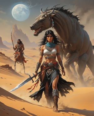  Art style by Noriyoshi Ohrai, Hajime Sorayama, Hiroshi Nagai, (Masterpiece, Top Quality, Super Deatail, High Resolution, Best Illustration), "Create an intricate and captivating masterpiece depicting a Saudi Arabian Bedouin female warrior in the style of dark fantasy art. This artwork should evoke the epic and adventurous spirit of Dungeons and Dragons, combined with the retro aesthetics of 1980s fantasy art. The scene should be rich with detail, featuring the warrior in traditional Bedouin attire, wielding an ornate weapon, and set against a dramatic desert backdrop under a moody, otherworldly sky. The artistic style should draw inspiration from the legendary works of Frank Frazetta, Michael Whelan, and Luis Royo, blending realism with fantastical elements to create a visually stunning and immersive piece.".,.., in the style of Frank Frazetta, Arthur Rackham, Dean Cornwell, pulp, volumetric lighting, dramatic lighting, pulp sci-fi, black, smoke, belt, backpack, warm colors