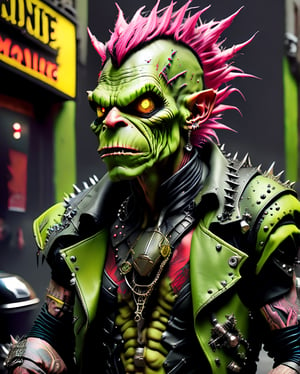 A rebellious goblin clad in edgy punk rock clothing, showcasing intricate details in spiked studs and tattered leather. The character is depicted in a poster design created in the vibrant and imaginative art style of Moebius. The image radiates with raw energy, from the goblin's wild, colorful hair to the intricate tattoos covering their arms. Each element is brought to life with precision and skill, immersing the viewer in a world of rebellious creativity and attitude. This high-quality artwork captures the essence of punk rock in a visually striking and engaging way.