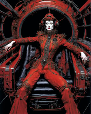 Art style by amano yoshitaka, ((mature)) gothic lying ((in a ruby goth cockpit)), (lying on a baroque pilot cockpit), ((gothic control panels everywhere)), (headgear), ((mature)), ruby cockpit, ((vampiric cockpit)), iridescent pilot bodysuit, lace accesories, ((serious tone)), elegant, futuristic, vampiric, full body view from above, action pose, (fisheye), [close up], dark place, dramatic lighting, intricate control panel details, steaming, 1990s (style), in the style of nicola samori, detailed 8k horror artwork,