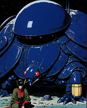 Moebius (Jean Giraud) Style - A picture by Jean Giraud Moebius, ((masterpiece)), ((best quality)), (masterpiece, highest quality), (masterpiece),(extremely intricate all details)、(extremely realistic all Texture) 、glossy Texture、Navy blue heavy mechanical armor resembling a pillbug, designed by Hajime Katoki、1 person、Beautiful female soldier、Multi-legged、Heavyweight、Heavy Armorearms、Ultra-realistic、Full Body Shot、Night view of the bayside industrial area、Spotlight lighting to illuminate characters、crystal clear art style by Moebius