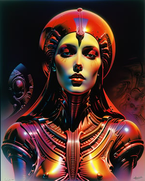 Art style by H. R. Giger, Art style by Syd Mead, Art style by Hajime Sorayama, (Masterpiece, Top Quality, Super Detail, High Resolution, Best Illustration), 1990s (style), 1980s (style), retro art style, Highest image quality, (Masterpiece, top quality, super detail, high resolution, best illustration), vintage, 1990s \(style\), dynamic angle, Solo, 1male, very old age, Saudi Arabian Bedouin, Duotone, Red and Black Only, in a distant rock, in the style ofrichard corben, brothershildebrandt, distinctive noses,space art, darkly detailed,mars ravelo, dark silver andcrimson