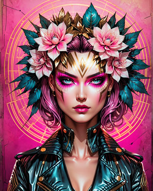 synthwave punk style, nvinkpunk , (symmetry:1.1), (portrait of floral:1.05), a Charlie Bowater style Lithography sketch of a woman as a beautiful goddess, leather jacket, punk vibes, (assassins creed style:0.8), pink and gold and opal color scheme, beautiful intricate geo filegrid face paint, light leaks, geometric light grid, old paper texture, highly detailed, inked lines, art by Andy Kubert and Jim Lee, outrun, vaporwave, shaded flat illustration, digital art, trending on artstation, highly detailed, fine detail, intricate