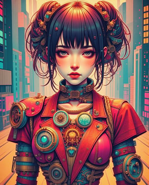 A captivating retro-futuristic poster featuring a bold and stylish retropunk girl, brilliantly designed by the talented trio of Rebecca Sugar, Charles Burns, and Dan McPharlin. The girl dons a vibrant red and sky black outfit, wide outfit, adorned with intricate patterns and futuristic gadgets. Her hair bun is a stunning mix of colors, blending seamlessly with the background of a futuristic cityscape. The overall atmosphere of the poster is a blend of nostalgia and innovation, with a touch of vintage charm.