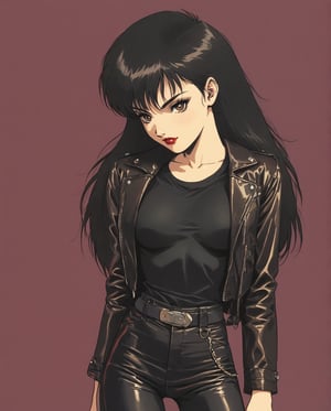 1 girl, pale skin, long black hair , brown eyes, full red lips, leather jacket, tight leather jeans, tight black t-shirt.. 80's , retro, art style by Nobuteru Yuki