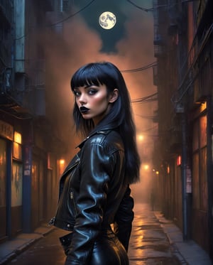 Masterpiece, photorealistic, highly detailed, a young woman with smooth  dark long black hair with bangs and black eyes and black lips, wearing leather jacket and leather pants, standing, looking at camera, in a gloomy smoke filled alley at night with a full moon by Dave McKean. Resolution: 4k.,sooyaaa,aw0k euphoric style