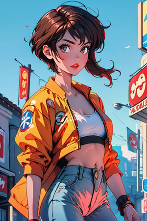 (best quality, masterpiece), 1girl, sexy body, super model, solo, light brown skin, Arab female, looking at viewer, short pixie hair, black hair, navel, brown eyes, yellow jacket, parted lips, solo focus, midriff, full red lips, crop top, blue denim jeans