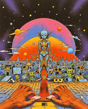 RetroSci style. A vibrant, highly detailed, and dramatic painting. 

Art style by Noriyoshi Ohrai, Art style by Moebius Jean Giraud, (masterpiece, 4k ,ultra detailed,raw photo:1.2),illustration,(symmetry:1.2),(art deco:1.4),(retro-futuristic:1.4),(minimalism:1.4),(clean:1.4),(flat_color:1.4),(cyberpunk,android:1.4),CCDDA Artstyle

Art style by Noriyoshi Ohrai, Art style by Moebius Jean Giraud, There&#39;A mechanical doll stands in front of a planet painting, futuristic city background, psychological artwork, interconnected human life forms, Panorama of mechanical female doll, progressive rock album cover, endless dreams, stardust, galaxy, stoner rock--ar 16:9-5 p.m.&#39;bell.1