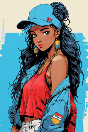 (masterpiece, top quality, super detail, high resolution, best illustration), a black girl graffiti artist, DJ, Music, Black and blue hair dreads, music urban, snapback hat, vigilante, vibrant fan art, backpack, hip-hop, tank top, headphones on ear, spray paint cans accessories, music, sexy, tight clothing smiling, fit, hot, sweaty, blue piercing,  (red, yellow, blue clothing) ( Masterpiece) ( Best Quality)