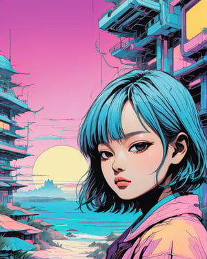 Art style by Shintaro Kago
(vaporwave aesthetics:1.8),futuristic city, English title,fantasy, matrix, desert, ocean, Chinese pavilions,Retro 70s screen close-up,coconut tree,24th century,Strong psychedelic colors and retro-future decadence,distressed and stylized, illusory、Collage、No order,dystopian、Lo-Fi、