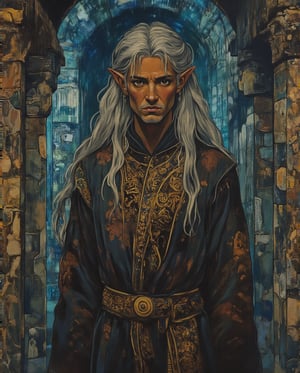 Gustav Klimt-inspired acrylic gouache watercolor painting, Nuanced and bright colors in UHD, captured in a Dutch-angle through an anamorphic lens. Rembrandt-style painting with intricate patterns and golden details. Cinematic composition and lighting

Dark Elf:
A dark elf with deep brown skin, piercing amber eyes, and long, silver hair cascading down his back. He dons a dark robe with golden accents resembling Saudi embroidery, his pointed ears adding to his otherworldly look. His expression is stoic, standing in the middle of an ominous, dimly lit cavern, surrounded by ancient ruins. Shadows play across his face, as ethereal blue flames flicker in the background.