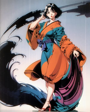 vintage sticker of a full body portrait of a woman in the Japanese retro anime style of the 80s and 90s. The scene features a top model with wild hair, exuding confidence and allure. She stands in a dynamic pose that highlights her form and curves, set against a soft pink and yellow palette. The lighting reflections and shadows add depth and intensity to the scene. Her gaze is evocative and intense, aware of her own beauty and playing it up for the photoshoot. She is dressed in stylish, minimalist clothing that accentuates her form, with bold lipstick and eyeliner highlighting her sharp facial features. The background is minimalist, ensuring all attention is on her captivating presence. Emphasize her confident pose, wild hair, and the dramatic interplay of light and shadow, creating a nostalgic yet striking visual in the retro anime style.