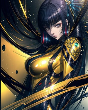 In a neon-lit cyberpunk space setting, a figure emerges clad in a sleek yellow jumpsuit, designed with a distinct art style reminiscent of Yoshiaki Kawajiri. The scene is portrayed in a vivid and elaborate digital painting, showcasing sharp edges and dynamic colors. The jumpsuit gleams with metallic sheen, accentuating the mysterious allure of the character. Every detail, from the sleek contours to the intricate patterns, contributes to the image's captivating and high-quality execution, drawing viewers into a futuristic world of intrigue and sophistication.