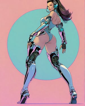 Art style by Noriyoshi Ohrai, Art style by Moebius Jean Giraud,  futuristic synthwave, circular, vector logo sticker, masterpiece, sleeve pulp style, flat shading, solid background color, t-shirt design

Chrome Female Cyborg in a Dynamic Pose
A sleek female cyborg with a highly reflective chrome finish, inspired by Hajime Sorayama’s smooth, sensual metallic aesthetic. Her joints and limbs are designed with precise curvature, with intricate mechanical details visible at the elbows and knees. She stands with one leg bent and a hand resting on her hip, exuding confidence. The background is a simple gradient of soft pastel pink, emphasizing her figure.